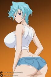 1girl solo ass breasts shorts jewelry earrings denim denim_shorts short_hair blue_hair huge_breasts short_shorts looking_back tank_top purple_eyes watermark blue_eyes crop_top cutoffs looking_at_viewer web_address midriff from_behind tatsunagi_suiko cardfight!!_vanguard unjobdespiert ai_generated 1female curvy huge_ass big_breasts big_ass 1girls 2026 artist_name hi_res highres high_quality high_resolution patreon_username patreon