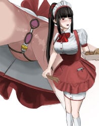 1girl black_hair blush breasts butt_plug buttons chastity_belt dildo employee_uniform food headdress high_ponytail highres holding holding_food holding_tongs itou_tatsuya large_breasts long_shirt multiple_views notepad original ponytail puffy_sleeves red_eyes red_ribbon red_skirt ribbon sex_toy shirt skirt socks suspender_skirt suspenders tongs waitress white_background white_shirt white_socks