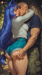 hetero denim wide_hips rating:questionable big_ass tongue long_hair thigh_grab 1girl 1boy big_butt tongue_out female butt big_boobs my_hero_academia breasts hi_res french_kiss drool grabbing_another's_ass saliva medium_breasts ass drooling blue_hair hadou_nejire large_breasts ass_grab thick_thighs denim_shorts shorts blush thighs kiss ai_generated groping aisinful