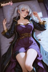 black_clover noelle_silva 1girl dress breasts solo purple_eyes twintails belt lying pillow on_back purple_dress coat looking_at_viewer long_hair cleavage open_clothes open_coat parted_lips on_bed collarbone large_breasts grey_hair artist_name thighs white_hair bed lips long_sleeves short_dress black_coat bed_sheet blue_coat character_name boots covered_navel medium_breasts buckle strapless strapless_dress belt_buckle feet_out_of_frame brown_belt knee_boots blush long_coat from_above blue_robe blue_dress open_jacket bullet smile mionety ai_generated