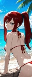 brokewyt ai_generated erza_scarlet fairy_tail 1girl solo long_hair breasts looking_at_viewer bangs large_breasts bare_shoulders brown_eyes closed_mouth swimsuit ponytail ass sidelocks bikini red_hair outdoors sky day cloud water tree blue_sky wet sideboob ocean arm_support halterneck back beach sunlight string_bikini red_bikini palm_tree