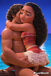 hetero 1boy dark_skin penis upright_straddle sex long_hair clothed_female_nude_male black_hair brown_eyes nude vaginal skirt straddling hug ocean sky dark-skinned_female interracial uncensored outdoors tube_top lips arms_around_neck breasts brown_hair dark-skinned_male night testicles water very_dark_skin ass_grab parted_lips small_breasts artist_name pussy_juice ass clothed_sex lustboxai hi_res ai_generated moana_waialiki moana moana_2 disney disney_princess 1girls female 1boy1girl vaginal_sex vaginal_penetration