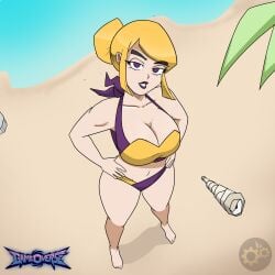 1:1 1girls artist_logo beach big_breasts bikini blonde_female blonde_hair clockworkstudio copyright_name female female_focus fold_(gameoverse) from_above full_body gameoverse glitch_productions hair_bun hi_res lips lipstick looking_at_viewer miss_information_(gameoverse) palm_tree parted_lips purple_eyes sand smile solo_focus tied_hair tree water watermark