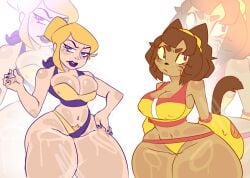 2girls anthro belly_button big_breasts bikini bikini_bottom bikini_top blonde blonde-haired_female blonde_female blonde_hair bob_cut breasts brown_cat brown_cat_ears brown_hair cat_ears cat_nose cat_tail catgirl female female_focus female_only fur furry furry_female gameoverse glitch_productions hair_bun headband kit_(gameoverse) light-skinned_female light_skin lipstick mat_zeus miss_information_(gameoverse) navel pubic_hair pubic_hair_peek purple_eyes purple_lipstick red_eyes swimsuit thick_eyebrows thick_thighs thighs tummy two-piece_swimsuit whiskers