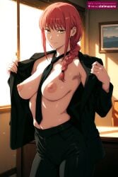 ai_generated ai_assisted stelmazura makima_(chainsaw_man) makima chainsaw_man 1girl solo long_hair breasts looking_at_viewer smile bangs navel medium_breasts closed_mouth nipples jacket yellow_eyes braid red_hair open_clothes necktie pants indoors open_jacket window no_bra black_pants formal suit between_breasts black_necktie braided_ponytail ringed_eyes