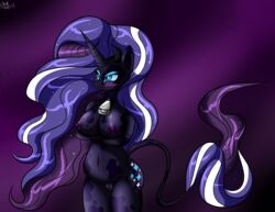 2016 anthro anthrofied areola big_breasts blush bovine breasts cattle cowbell dark_persona equine fan_character female friendship_is_magic fur furry gradient_background highres horn hybrid long_hair makeup mammal multicolored_hair my_little_pony nightmare_rarity nipples novaspark nude pussy raricow_(mlp) rarity_(mlp) simple_background solo straight_hair two_tone_hair unicorn watermark