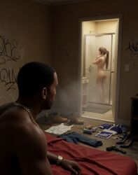 1boy1girl 1girl1boy 3d after_sex ai_generated asian_female bathroom bedroom black_male carl_johnson chain crossover dark-skinned_male dead_or_alive eastern_and_western_character evening gangster ghetto gold_chain gold_jewelry graffiti graffiti_on_wall grand_theft_auto grand_theft_auto:_san_andreas gun interracial jewelry kasumi_(doa) koei_tecmo kunoichi light-skinned_female looking_at_partner los_santos lovers messy_room muscular_male night ninja ninja_clothes ninja_gaiden nude nude_female nude_male nude_underneath on_bed pistol ponytail post_sex rockstar_games romantic_ambiance romantic_couple shower shower_steam showering sitting_on_bed sitting_up spray_can staring_at_partner steam taking_a_shower team_ninja wet wet_body wowzerspowzers