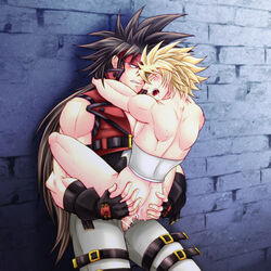 2boys against_wall anal blush fingerless_gloves gloves guilty_gear male_only multiple_boys muscular_male nude partially_clothed sex sin_kiske size_difference sol_badguy sweat wince yaoi