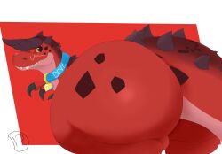 absurd_res backsack balls big_butt big_tail blush butt butt_focus claws collar devil_dinosaur dinosaur domiel feral genitals hi_res horn male marvel multicolored_body prehistoric_species red_body red_scales reptile scales scalie solo tail thick_thighs two_tone_body wide_hips