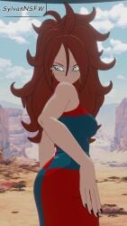 android_21 android_21_(human) sexy_pose pose looking_at_viewer brown_hair breasts dragon_ball dragon_ball_z dragon_ball_fighterz sylvannsfw blender blender3d watermark 3d uncensored looking_back looking_back_at_viewer showing_ass ass