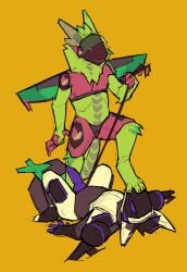 absurd_res andromorph animal_genitalia animal_penis anthro canine_genitalia canine_penis digital_media_(artwork) duo feet foot_fetish genitals hi_res intersex knot leash machine male nude openfracturesday paws penis protogen simple_background