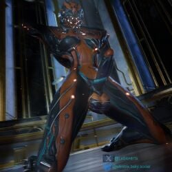 3d 3d_(artwork) athletic athletic_female athletic_humanoid balls big_penis black_body breasts digital_media_(artwork) erection female genitals glowing glowing_body glowing_eyes glowing_markings gynomorph hi_res humanoid intersex kneeling looking_at_viewer low-angle_view machine markings nude nude_female orange_body penis robot robot_humanoid samtrix small_breasts solo thick_thighs valkyr_(warframe)