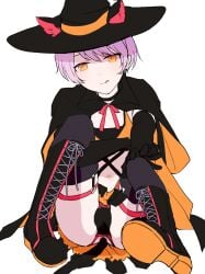 1boy :q animal_ears black_boots black_cape black_gloves black_hat black_panties black_thighhighs boots bulge cape cat_ears closed_mouth collared_cape colored_shoe_soles commentary crossdressing crossdressing_(mtf) dot_nose elbow_gloves fake_tail full_body gloves halloween_costume hand_on_own_knee hat hat_with_ears highres holding_own_leg_back looking_at_viewer male_focus midriff navel neck_ribbon orange_cape orange_eyes orange_skirt orange_tube_top original panties pink_ribbon purple_hair purple_hair_boy_(sunaba_(nczd5875)) ribbon shoe_soles short_hair simple_background sitting skirt solo strapless sunaba_(nczd5875) tail tail_anus thighhighs thighs tongue tongue_out trap tube_top two-tone_cape underwear white_background witch_hat