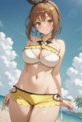 rena_aikawa_(pixiv_user) atelier_(series) atelier_ryza reisalin_stout alternative_costume bare_shoulders bikini bikini_shorts black_hairband black_hair_ornament black_ribbon bow_hairband bracelet cleavage_cutout clothing clothing_cutout criss-cross_halter frills hairband hairclip hair_ornament halterneck halter_top headwear jewelry ribbon shorts short_shorts swimsuit white_bikini white_swimsuit yellow_bikini yellow_shorts yellow_swimsuit blush breasts brown_eyes brown_hair cameltoe clavicle cleavage female large_breasts navel short_hair skindentation stomach thigh_gap thighs closed_mouth smile standing looking_at_viewer palm_tree tree animal bird cloud 1girl beach blue_sky day ocean outdoors sky solo portrait high_resolution ai_generated stable_diffusion pixiv parent:17518118