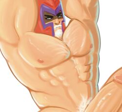 abs arms_up bara big_dick big_muscles big_penis bush cropped erection magneto magneto_(marvel_rivals) marvel marvel_rivals white_hair