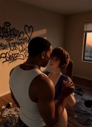 1boy1girl 1girl1boy 3d ai_generated asian_female bedroom black_male carl_johnson chain choker clothes_on_floor crossover dark-skinned_male dead_or_alive eastern_and_western_character evening gangster ghetto gold_chain gold_jewelry graffiti graffiti_on_wall grand_theft_auto grand_theft_auto:_san_andreas holding_hands in_love in_love_with_partner interracial jewelry kasumi_(doa) koei_tecmo kunoichi light-skinned_female looking_at_another looking_at_each_other looking_at_partner los_santos lovers messy_room muscular_male ninja ninja_clothes ninja_gaiden ponytail rockstar_games romantic romantic_ambiance romantic_couple romantic_gazing staring_at_another staring_at_partner stockings sunset team_ninja thong_straps wanting window wowzerspowzers