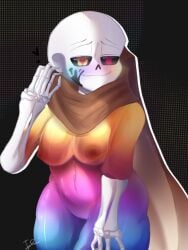 ink_sans_(fan_character) sans_au sans undertale_(series) undertale undertale_au colorful_body skeleton medium_breasts blushing genderswap solo idonthavenoclu1 isouuup nude scarf_only