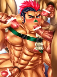 4boys abs bara blush cum drooling erection fellatio gangbang group_sex hair handjob kill_la_kill kinagase_tsumugu male male_only multicolored_hair multiple_boys muscle muscles oral orgy pecs penis saliva testicles yaoi