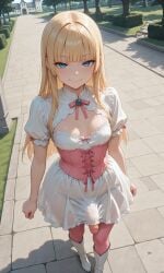 1futa ai_generated blonde_hair blue_eyes breasts cleavage corset dress female from_above futa_only futanari hime_cut hime_girl_(jamesbron) intersex jamesbron legwear long_hair looking_at_viewer no_panties outdoors penis penis_under_dress small_breasts smile solo solo_futa standing stockings thighhighs white_dress wide_hips