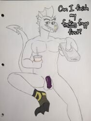 aaron_amethyst absurd_res anthro balls beverage clothing controller dragon english_text eyebrow_piercing facial_piercing flaccid footwear footwear_only friendship_is_magic garble_(mlp) genitals hasbro hi_res male mostly_nude my_little_pony mythological_creature mythological_scalie mythology nose_piercing nose_ring penis piercing remote_control ring_piercing scalie socks socks_only solo text