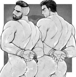 2boys after_sex arms_behind_head arthur_maxson ass back back_muscles back_view bara beard black_and_white black_hair blush bound bound_wrists cum cum_in_ass cum_on_ass cum_on_body cum_on_lower_body cumdrip danse_(fallout_4) facial_hair fallout fallout_4 gay human human_only male male_focus male_only malesub monochrome multiple_boys multiple_subs muscle muscles muscular muscular_male nude nude_male paladin_danse restrained rope scar sweat tied_hands wince yaoi