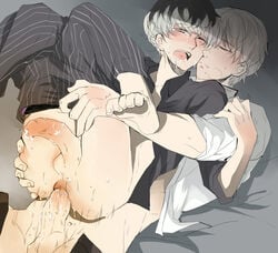 2boys anal anus ass blush bottomless character_request cum cumdrip erection kaneki_ken male_only multicolored_hair multiple_boys penis sex testicles tokyo_ghoul undressing wince yaoi