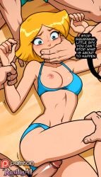 1girl 1girls ai_generated assisted_rape beach bikini blonde_hair blue_eyes captured captured_female clover_(totally_spies) covering_another's_mouth english english_text forced gangbang group group_sex imminent_penetration imminent_rape imminent_sex mouth_covered navel nipples on_floor one_breast_out outdoors partial_male rape rasilinai sand short_hair small_breasts stable_diffusion tagme text totally_spies wide_eyed
