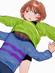 2ambiguous ambiguous_gender artist_request breasts burying_face chara confused confused_expression confused_face confused_look confusion frisk head_buried head_under_skirt laying_down laying_on_back under_shirt undertale
