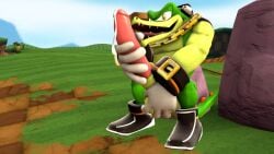 1boy 3d 3d_(artwork) anthro balls big_penis black_shoes bodily_fluids crocodile crocodilian cum cumdrip erection furry furry_male furry_only genitals gloves grass hand_on_penis headphones jerking_off large_penis looking_at_viewer male male_only masturbation mature mature_male necklace open_mouth outdoors penis reptile rock scalie sega shoes solo solo_focus solo_male sonic_(series) sonic_the_hedgehog_(series) tail teeth testicles vector_the_crocodile white_gloves xabinotter
