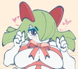 blush breasts covered_nipples green_hair heart kirlia large_breasts looking_at_viewer lying lying_on_back mochichi pokemon pokemon_(species) red_eyes ribbon ribbons short_hair slim_waist tagme