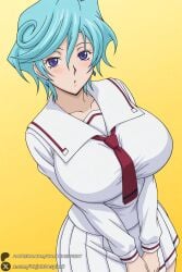 1girl solo breasts school_uniform earrings short_hair jewelry blush huge_breasts purple_eyes skirt blue_hair necktie yellow_background v_arms watermark tatsunagi_suiko cardfight!!_vanguard unjobdespiert ai_generated 1female looking_at_viewer curvy huge_ass big_breasts big_ass 1girls 2026 artist_name hi_res highres high_quality high_resolution patreon_username patreon