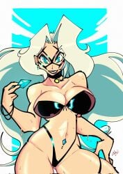 artist_request bikini black_cat_(marvel) blue_eyes breasts choker cleavage hand_on_hip holding holding_object large_breasts long_hair looking_at_viewer marvel mask navel navel_piercing slim_waist smile tagme thick_thighs voluptuous white_hair wide_hips