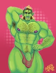 hunbuhns gay bara orc original_character thong thong_bikini thong_panties thong_only thong_underwear penis dick cock translucent_clothing translucent_underwear piercing piercings pierced_nipples hairy hairy_male armpits armpit_hair armpit
