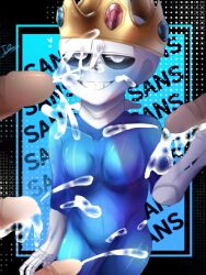 sans sans_(undertale) genderswap 4boys crown ectobody blue_skin skeleton 2d cum cum_on_face cum_on_body cumshot idonthavenoclu1 isouuup