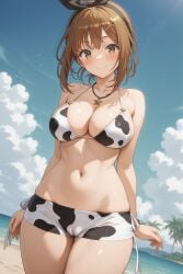 rena_aikawa_(pixiv_user) atelier_(series) atelier_ryza reisalin_stout animal_print bare_shoulders bikini black_hairband black_hair_ornament bow_hairband bracelet clothing cow_print cow_print_bikini cow_print_swimsuit hairband hairclip hair_ornament halterneck headwear jewelry micro_shorts necklace print_bikini print_shorts print_swimsuit ribbon shorts short_shorts star_necklace strap_gap swimsuit white_bikini white_shorts white_swimsuit blush breasts brown_eyes brown_hair cameltoe clavicle cleavage female large_breasts navel short_hair stomach thick_thighs thigh_gap thighs closed_mouth smile standing looking_at_viewer palm_tree tree animal bird seagull star_(symbol) cloud 1girl beach blue_sky day ocean outdoors shore sky solo portrait high_resolution ai_generated stable_diffusion pixiv parent:17518118