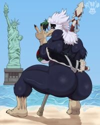 eagle furry female furry_female furry_ass female_only female_anthro anthro anthro_female bird_girl bird_feet bird_legs beach seaside sea sand beach_background big_breasts big_ass big_butt blue_skin white_hair eye_tattoo bikini bikini_top kneeling claws spear machete warrior_woman muscle_woman statue statue_of_liberty peace_sign big_cheeks big_ass_(female) water watermark commission commission_art commissioned commissions_open