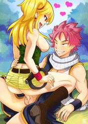 1boy :d arm ass bare_arms bare_shoulders belly beltskirt black_eyes blonde_hair blush boots breasts breasts_out brown_eyes clenched_teeth clothed_sex cloud couple cowgirl_position denim_skirt earrings eye_contact fairy_tail female grin hand_on_another's_hip happy happy_sex heart hmage human jean_skirt jewelry large_breasts long_hair looking_at_another lucy_heartfilia lying lying_on_person male moaning muscle natsu_dragneel nipples one_side_up open_mouth penetration penis pink_hair scarf sex shiny shiny_hair short_hair sideboob sitting sitting_on_person skirt sky smile spiked_hair straight tank_top teeth testicles uncensored vaginal_penetration whip wristband yellow_skirt