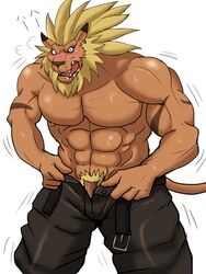 1boy abs anthro blush clothed clothing colored digimon feline leomon lion looking_at_viewer male male_only mammal muscular open_pants pecs penis pubes simple_background solo undressing white6000 white_background