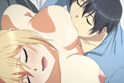 1boy ane_yome_quartet animated blonde_hair bouncing_breasts breast_sucking breasts hanabishi_momone huge_breasts male nipples