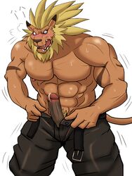 1boy abs anthro blush clothed clothing colored digimon erection feline leomon lion looking_at_viewer male male_only mammal muscular open_pants pecs penis precum pubes simple_background solo undressing white6000 white_background