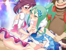 2girls aqua_hair ass bisexual bisexual_(female) blush breast_grab breasts brown_hair clothed_sex fat_man female group_sex hiker_(pokemon) hiker_(pokemon_xy) human human_only lisia_(pokemon) male may_(pokemon) may_(pokemon_oras) multiple_girls nintendo nipples pokemon pokemon_oras saliva_trail sex sho2 straight ugly_man