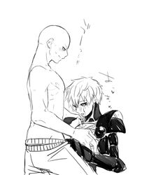 2boys abs cum cum_in_mouth cum_on_body facial gay genos heart_eyes male male_only monochrome multiple_boys muscle one-punch_man saitama white_background yaoi