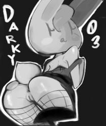 anus ass clothed clothing darky03 female gelbun greyscale hand_on_ass lagomorph looking_at_viewer looking_back mammal monochrome nof_nog pussy rabbit smile solo spread_ass spreading tongue tongue_out