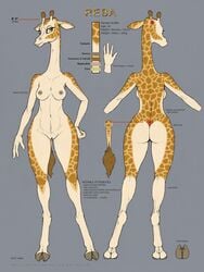 anthro ass breasts ecmajor female giraffe green_eyes heart hooves looking_at_viewer mammal model_sheet nipple_piercing nipples nireba_(kyvinna) piercing pussy solo text wide_hips