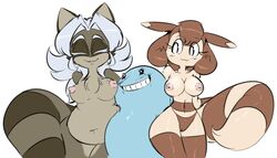 :3 blue_body blush breasts brown_fur brown_hair curly_q female fur furret grin group hair keijimatsu large_breasts lindsey_ranger_(teckworks) male mammal nintendo nipples nude overweight pokemon pokemorph pussy quagsire raccoon smile tan_fur white_hair