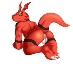 1boy 2_toes anus ass backsack balls barefoot claws digimon dragon guilmon looking_at_viewer looking_back male male_only markings paws presenting presenting_hindquarters raised_tail rear_view reptile sagemerric scalie sharp_claws simple_background solo toe_claws toes yellow_eyes