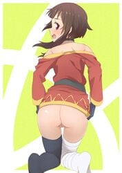 ass bandages brown_hair female gloves hayyan highres kono_subarashii_sekai_ni_shukufuku_wo! looking_at_viewer looking_back megumin open_mouth red_eyes short_hair single_thighhigh solo thighhighs