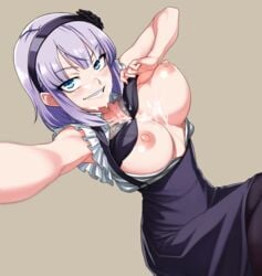 bajima_shouhei bangs black_bra black_legwear blue_eyes blush bra bra_lift breasts brown_background clothing collarbone cum cum_on_body cum_on_breasts cum_on_upper_body dagashi_kashi dress eyebrows eyebrows_visible_through_hair eyelashes facial female foreshortening frilled_shirt frills grin hairband high-waist_skirt kiki_(uxoia) large_breasts lips looking_at_viewer nipples open_clothes pantyhose pov puffy_nipples purple_hair revision self_shot shidare_hotaru shiny shiny_skin shirt short_hair simple_background smile solo suspenders sweatdrop underwear unknown_showhey