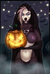 anthro areola breasts canine half-closed_eyes halloween holidays horn mammal navel nipples pumpkin pussy smile teeth unistaart