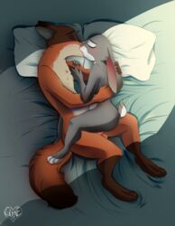 2016 anthro balls bed blush canine closed_eyes disney duo female fox fur grey_fur guinefurrie judy_hopps kissing lagomorph long_ears male mammal nick_wilde nude on_bed orange_fur penetration penis pillow rabbit sex straight zootopia